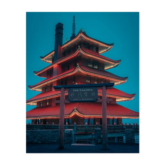 Reading Pagoda 03 - Reading Pennsylvania Photography Architecture Neon Sign City Night Sky Travel Poster Scenic Unframed Wall Art Print 6 x 8 inches
