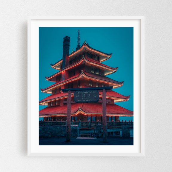 Reading Pagoda 03 - Reading Pennsylvania Photography Architecture Neon Sign City Night Sky Travel Poster Scenic White Framed Wall Art Print 6 x 8 inches