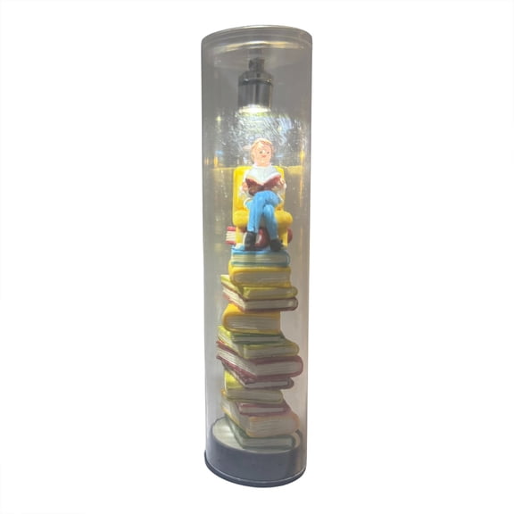 Reading Person in Glass Dome, LED Resin Stacked Books Statue Lamp, Tiny Bookshelf Library Statue Light, 3D Miniature Book Lamp, Warm Vintage Nightstand Desk Book Lamp for Bookworms