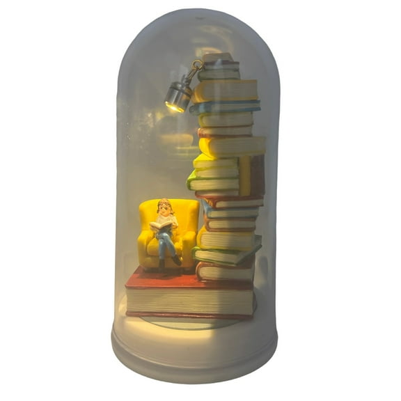 Reading Person in Glass Dome, LED Resin Stacked Books Statue Lamp, Tiny Bookshelf Library Statue Light, 3D Miniature Book Lamp, Warm Vintage Nightstand Desk Book Lamp for Bookworms