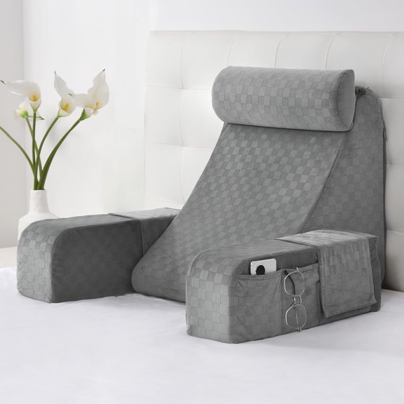 Reading Pillow for Adults – Ergonomic 45° Wedge Back Support Chair for Sitting in Bed, XL Side Pockets, Perfect for Working, Gaming, Watching TV, Relaxing, or Recovery, Great Gift Idea, 19”
