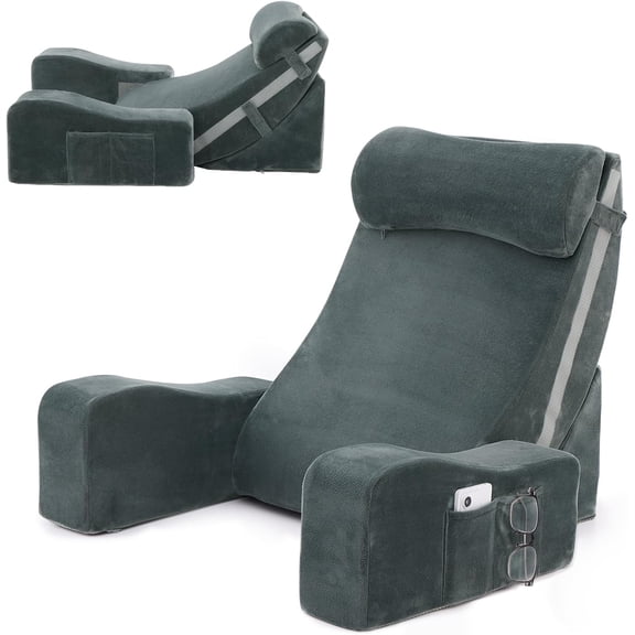 Reading Pillow with Armrests, 1525 Inch Adjustable Back Support Pillow for Bed Sitting Up, Memory Foam Back Rest Cushion Bed Chair for Reading, Gaming & Relaxing, Dark Grey