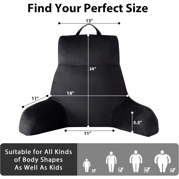 Reading Pillow with Arms for Adult, Back Pillow for Bed Sitting Up, Shredded Memory Foam Backrest Pillow with Pockets & Removable Washable Cover, Lounging, Watching TV, Reading(24inch Black)