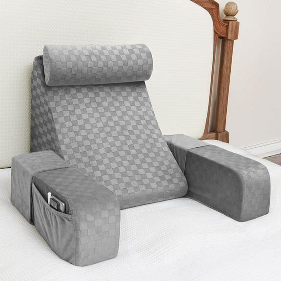 Reading Pillow,Back Pillow for Bed Sitting Up Adult,Backrest Support Pillow with Arm and Large Pockets,Rest Chair for Reading,Gaming,Relaxing,Working or Watching TV in Bed&Floor-19in Grey