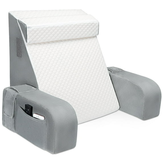 Reading Pillow Bed Backrest Pillow for Bed, Adult Bed Cushions with Arms for Sitting up in Bed Back Support Pillow with Headrest & Pockets, Removable Washable Cover and Detachable Neck Roll, White