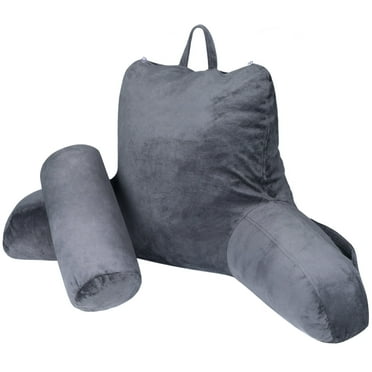 Reading Pillow for Bed Backrest Pillow for Bed Sitting Up Adult with Arms Navy Back Support Pillow with Headrest & Pockets, Removable Washable Cover and Detachable Neck Roll, Grey
