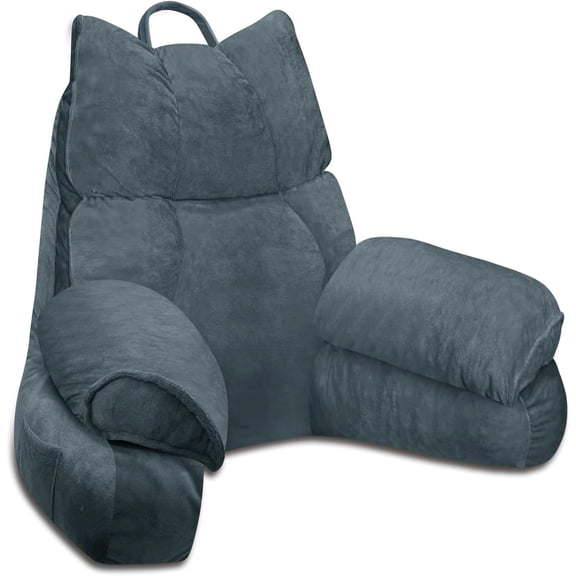 Reading Pillow for Bed with High Arm Rests ,Back Support Pillow for Sitting Up in Bed with Shredded Memory Foam for Reading, TV, Gaming or Relaxing on Floor（Charcoal Gray, Large）
