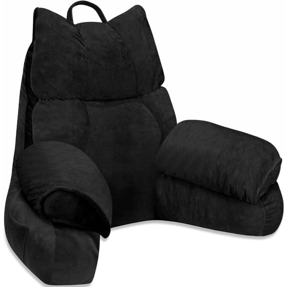 Reading Pillow for Bed with High Arm Rests,Back Support Pillow for Sitting Up in Bed with Shredded Memory Foam for Reading, TV, Gaming or Relaxing on Floor(Dark Black, Large)