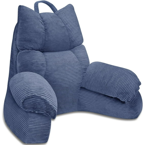 Reading Pillow for Bed with High Arm Rests ,Back Support Pillow for Sitting Up in Bed with Shredded Memory Foam for Reading, TV, Gaming or Relaxing on Floor(Dark Blue, Large)