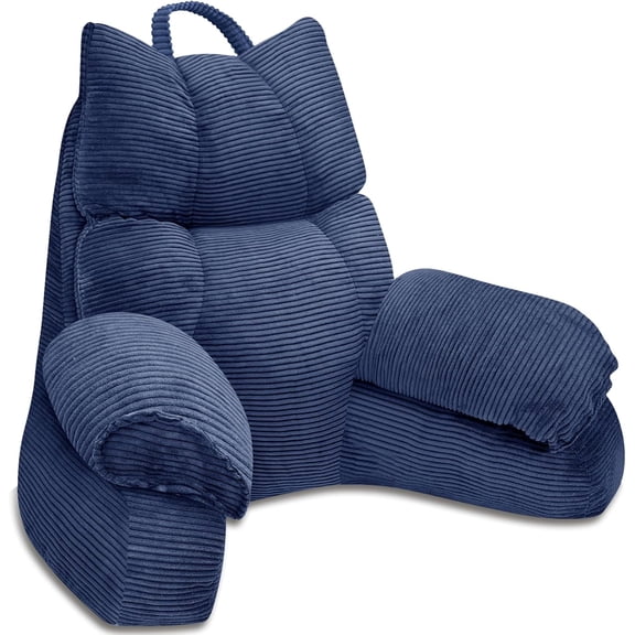 Reading Pillow for Bed with High Arm Rests,Back Support Pillow for Sitting Up in Bed with Shredded Memory Foam for Reading, TV, Gaming or Relaxing on Floor (Navy Blue, Large)