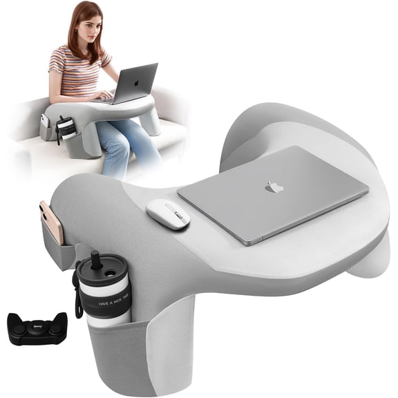 Reading Pillow for Bed, Lap Desk for Laptop, Memory Foam Arm Rest Support Gaming Pillow with Cup/Phone Pocket, Laptop Lap Desk for Working, Gaming, Reading on Couch Bed Floor- Grey