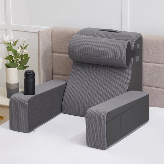 Reading Pillow for Bed Sitting Up, Backrest Cushion with Adjustable Armrests and Back Support, Bed Pillow with Cup Holder and Large Pocket for Reading, Watching TV, Gaming & Relaxing