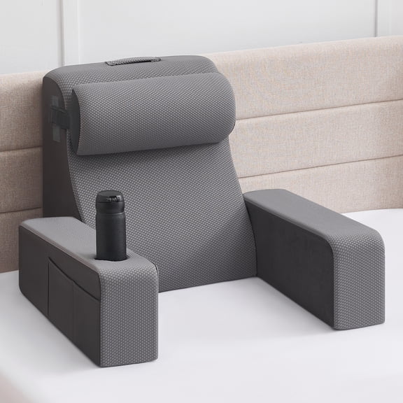 Reading Pillow for Bed Sitting Up, Backrest Cushion with Adjustable Armrests and Back Support, Bed Pillow with Cup Holder and Large Pocket for Reading, Watching TV, Gaming & Relaxing