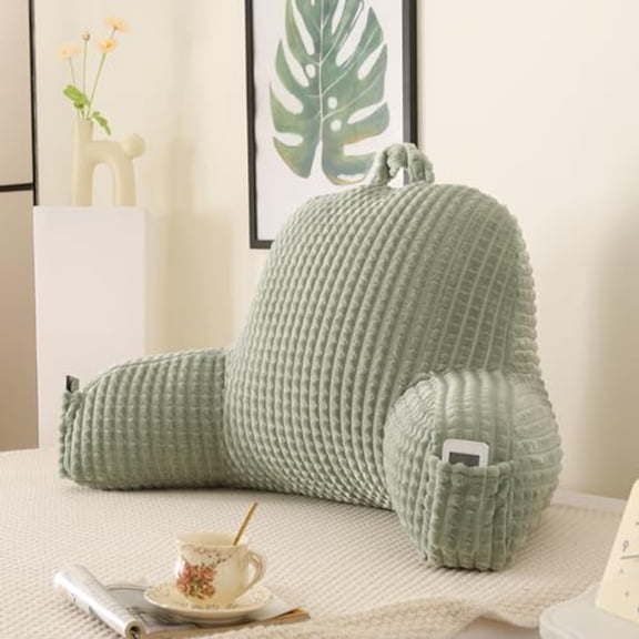 Reading Pillow for BedLarge Backrest Reading Pillow with Arm Rest Back Rest Support Cushion for Sit Up on Couch Sofa and Floor Green Flannel Standard(17inch )