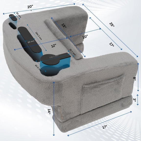 Reading Pillow for Gaming – Extra Large Lap Desk & Arm Rest with Cup & Phone Holder, Adjustable Heights, Laptop Support, Large Pockets – Comfortable for Work, Gaming & Crocheting (Furry Grey)