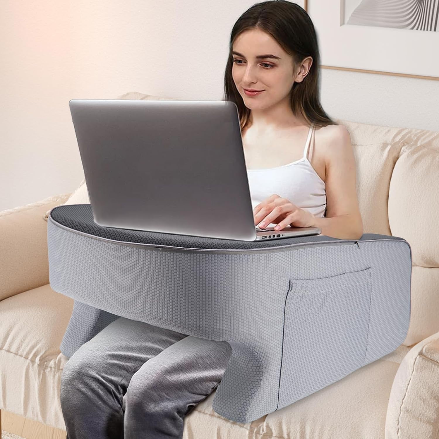 Memory Foam Reading Pillow With Armrests - Lap Desk Pillow For Bed, Sofa, Gaming, Crocheting, Includes Side Pocket - View #3