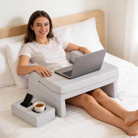 Reading Pillow Lap Desk, Cup Holder, Ergonomic Memory Foam | Adjustable Tilt Angle, Built-in Cup Coaster, Removable Washable Cover, Multi-Use, for Bed/Couch, Grey