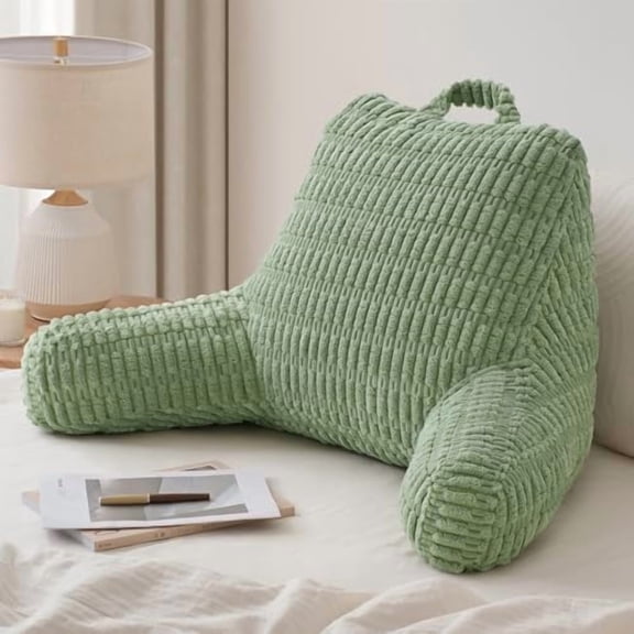 Reading Pillow, Large Backrest Pillow with Shredded Memory Foam for Adult & Children, Designed for Bed and Couch Sitting Up, Includes Arms, Pockets and Washable Cover, Sage Green