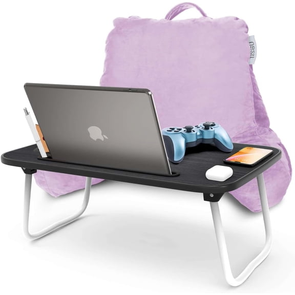 Reading Pillow with Portable Laptop Lap Desk - Shredded Memory Foam Back Support Pillow for Sitting Up in Bed and Couch Rest Pillows with Arms, Bed Tray Table with Foldable Legs, Lavender
