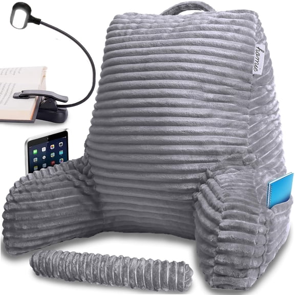 Reading Pillow with Reading Light and Wrist Support, Has Arm Rests, and Back Support for Bed Rest, Lounging, Reading, Working on Laptop, Watching TV (Gray)