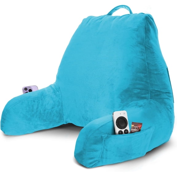 Reading Pillow with Shredded Memory Foam, Designed for Sitting Up in Bed and Couch, Back and Arms Adjustable Support for Adult & Teens Backrest Pillows for Reading, Washable Cover, Bright Blue
