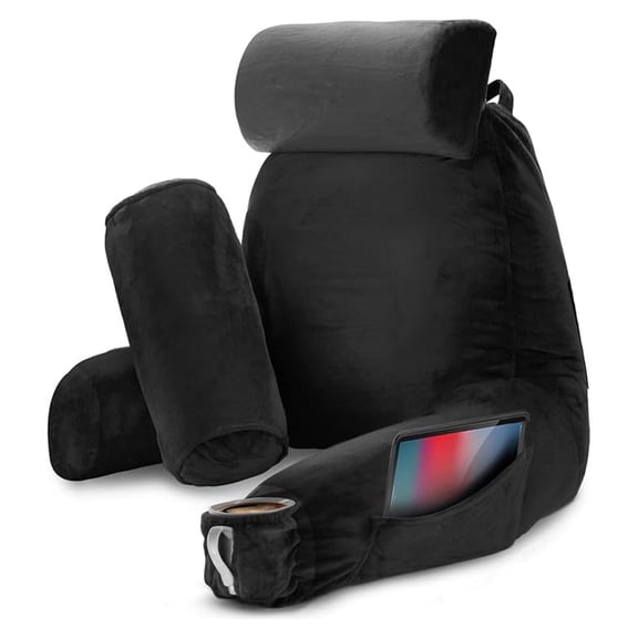 Reading Pillow with Shredded Memory Foam Includes 2 Neck and Lumber Support Pillows, Designed for Sitting Up in Bed and Couch, Back and Arms Adjustable Support for Adult & Teens, Black