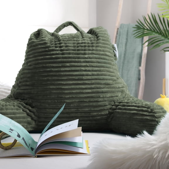 Reading Pillow with Shredded Memory Foam, Luxe Cut Plush Back Pillow for Sitting Up in Bed, Back and Arms Adjustable Support for Adult & Teens, Backrest Pillows with Washable Cover Olive Green