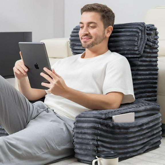 Reading Pillow for Sitting in Bed Adult, 25in XXL Back Pillow for Bed Sitting up, Big Pockets & Built-in Arms, Back Support Chair Pillow for Watching TV/Reading/Gaming/Resting/Post Surgery,Grey