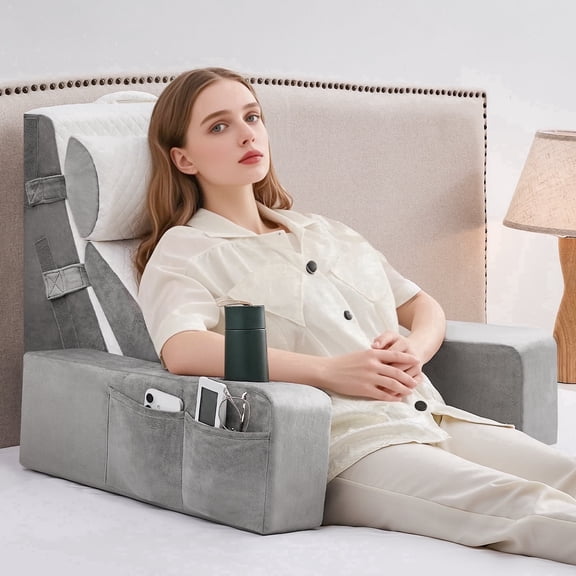 Reading Pillow for Sitting in Bed Adult, Back Pillow for Bed Sitting up with Arms, Pockets and Cup holder, Sit Up Backrest Pillows for Beds Chair Support, Rest Pillow for Gaming (Light gray, 5PCS)