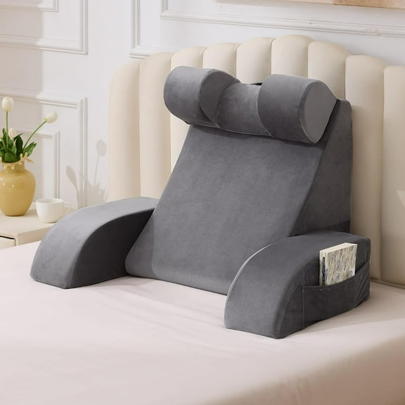 Reading Pillow for Sitting in Bed Adult, Back Pillow for Bed Sitting up, Backrest Pillow with Arms, Back Support Pillows for Gaming Lounging Watching TV, Medium 19" Grey