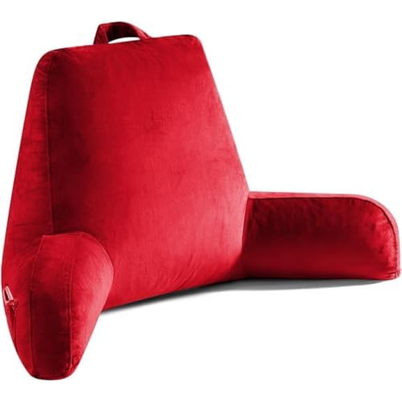 Reading Pillow for Sitting in Bed Adult, Reading Pillow with Shredded Memory Foam, Bed Pillow with Washable Cover, Back Pillow Sitting Up with Extend Arms, Red, X-Large