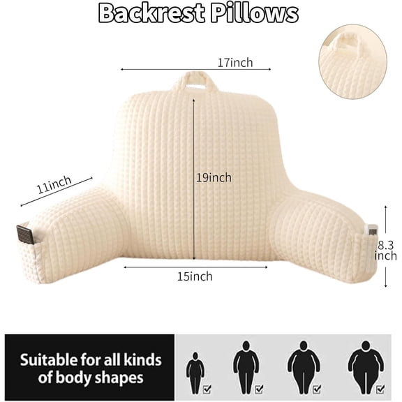 Reading Pillow for Sitting in Bed, Large Backrest Reading Pillow with Arm Rest,Back-Rest Support Cushion for Sit Up on Couch, Sofa, and Floor, Dorm Essentials (Cream Flannel, Large(19"))