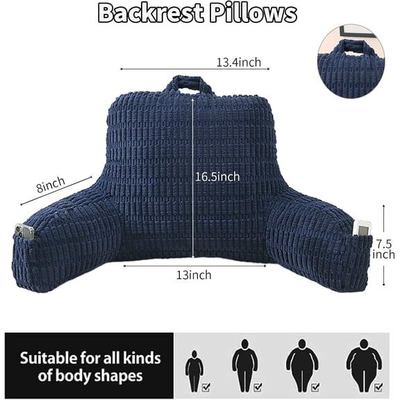 Reading Pillow for Sitting in Bed, Large Backrest Reading Pillow with Arm Rest,Back-Rest Support Cushion for Sit Up on Couch, Sofa, and Floor, Dorm Essentials (Dark Blue Corduroy, Standard(17"))