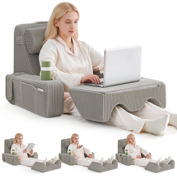 Reading Pillow for Bed Sitting Up with Adjustable Armrests, Cup Holder and Large Pocket, Backrest Cushion for Reading, Watching TV and Gaming