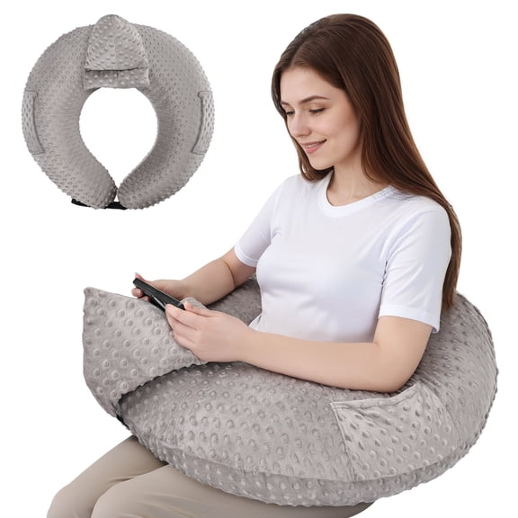 Reading Pillow for Gaming, Lap Desk Pillow for Sitting in Bed or Sofa, Compact Arm Support Pillow for Reading, Playing or Crocheting, Grey