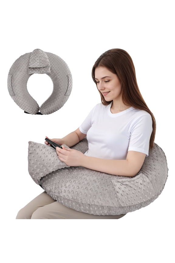 Reading Pillow for Gaming, Lap Desk Pillow for Sitting in Bed or Sofa, Compact Arm Support Pillow for Reading, Playing or Crocheting, Grey
