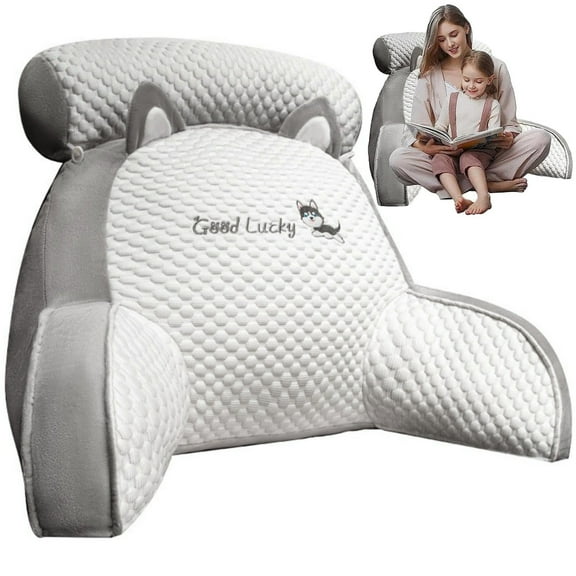 Reading Pillow for Sitting in Bed Cute Cartoon Back Rest Pillow with Arms and Detachable Neck Roll Back Support Pillow for Kids and Adults