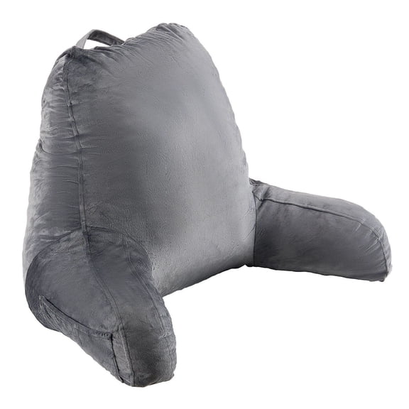 Reading Pillow with Shredded Memory Foam - Large Bed Rest Back Support with Pockets, Velvet Cover & Handle - for Reading, Gaming, TV - Grey