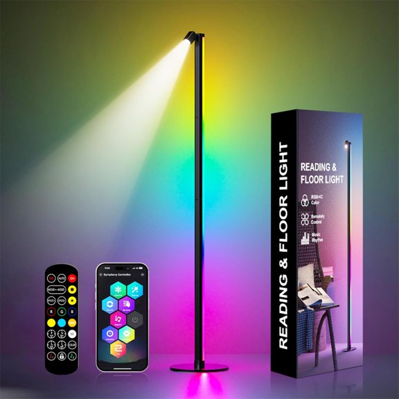 Reading RGB&IC Floor Lamp, Smart LED Floor Lamp with Music Sync 1000 Lumens Main Light & 100 Lumens Independent Reading Light 16 Million DIY Colors Black Standing Lamp for Living Room or Bedroom