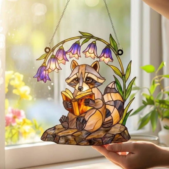 Reading Raccoon Forest Creature Acrylic Suncatcher Window Hanging Decor