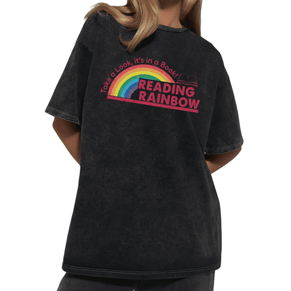 Reading Rainbow Take A Look It's In A Book Retro Wash Print Tshirt S-2XL Washed Black Graphic Tees Casual Shirts for Book Lover Tops