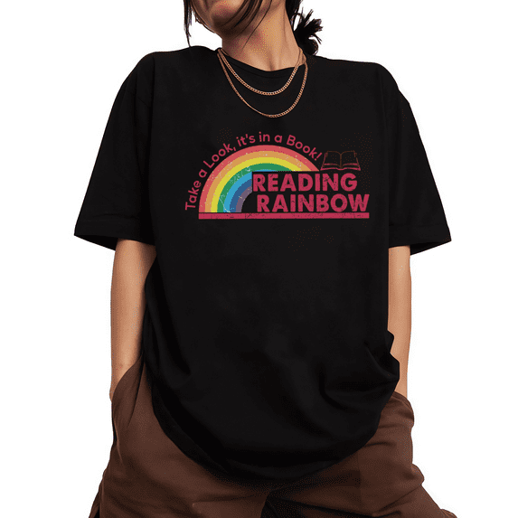 Reading Rainbow Take A Look Print Tshirt Black S-5XL Retro Playful Book Lover Graphic Tees Shirts Tops