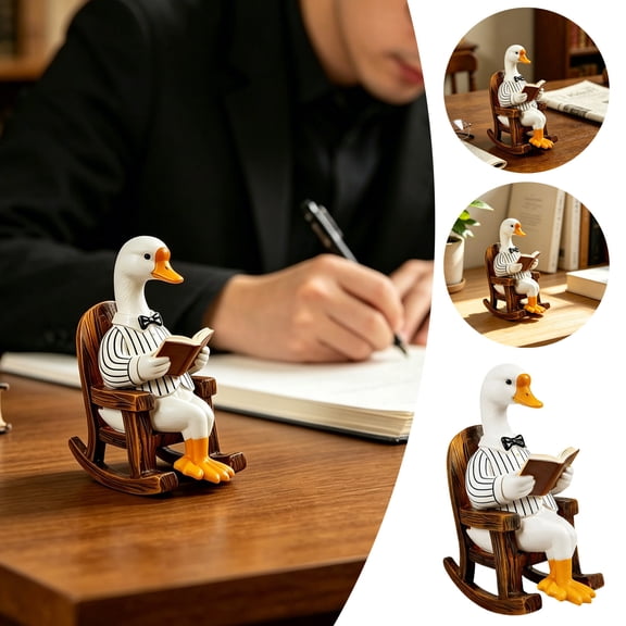 Reading Resin Figurine, Cute Duck Figurine Set, Mini Resin Duck Decor for Desk, Cute Sitting On Rocking Chair Statue Tabletop Ornament For Home Desk Decor Gift