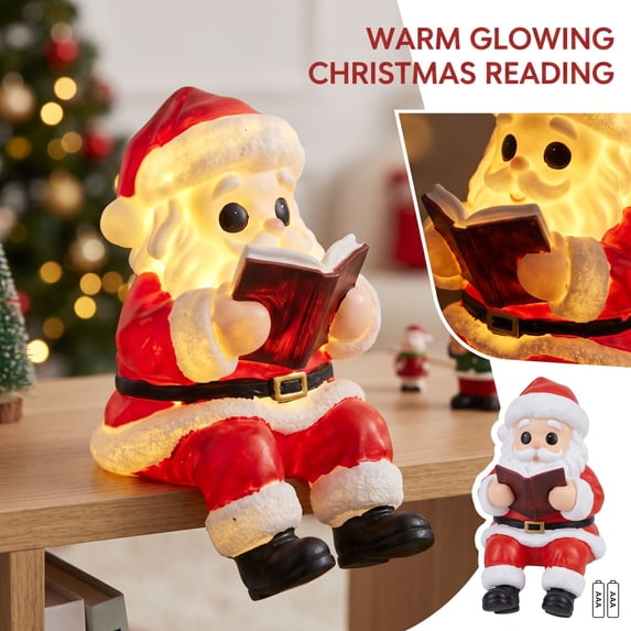 Reading Santa Night Light, Illuminated Christmas Figurine for Desk Shelf Mantel Bedroom and Holiday Home Decor, Festive Gift Idea