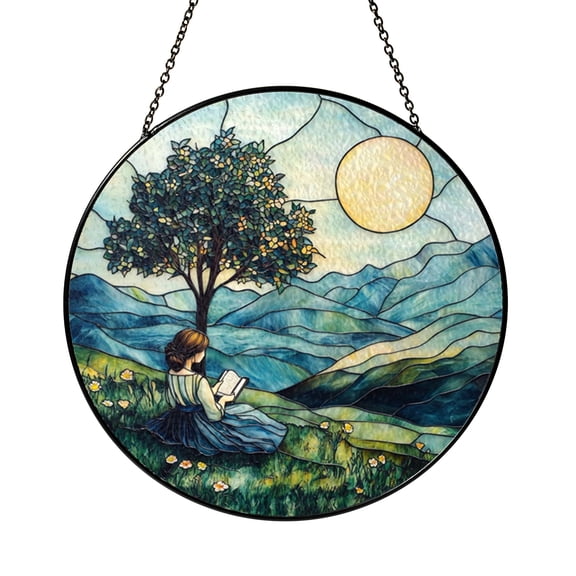 Reading Scene Stained Glass Window Hanging, Literary Art Panel Accent for Library Inspired Interior Gift