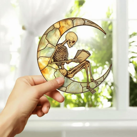 Reading Skeleton ACRYLIC Suncatcher, Book Lover Decor, Skeleton Halloween Ornament