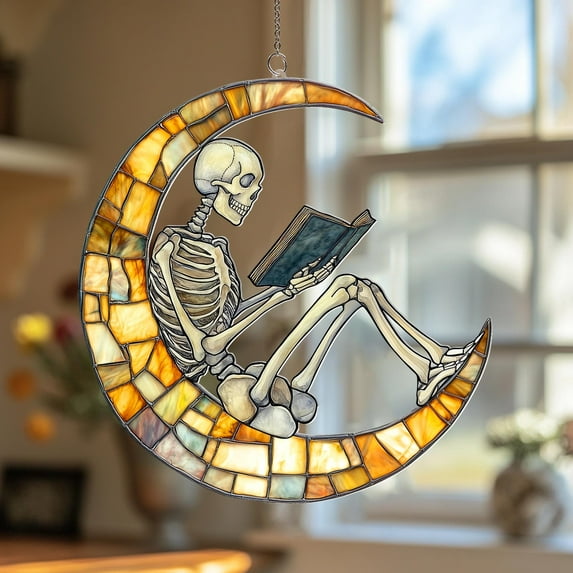 Reading Skeleton Suncatcher: Acrylic Window Hanging, Book Lover Gift