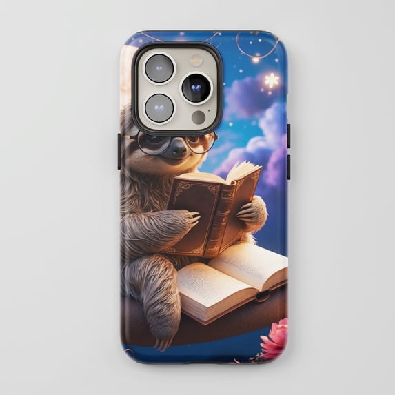 Reading Sloth For All iPhone Series Protective Phone Case Whimsical Night Multi-Color