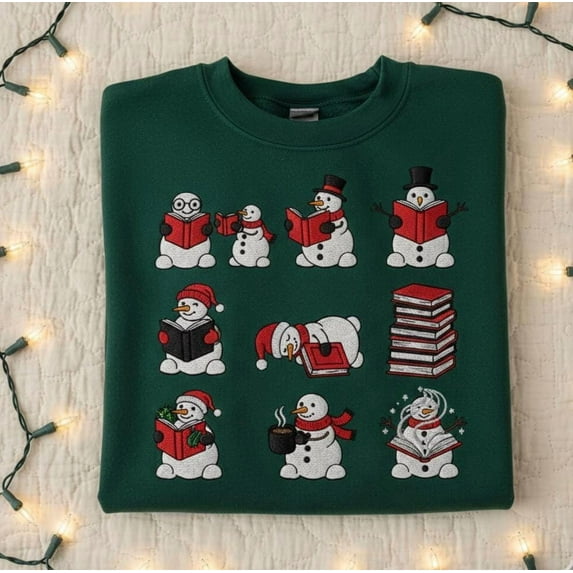 Reading Snowman Embroidered Sweatshirt, Christmas Bookworm Gift, Holiday Reader Sweater, Winter Reading Hoodie, Cozy Christmas Shirt