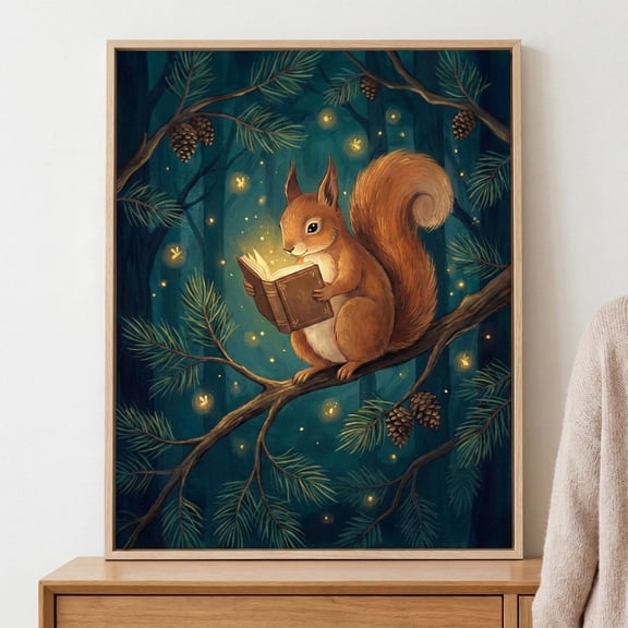 Reading Squirrel Enchanted Forest Nursery Whimsical Woodland Firefly Wall Decor Unframed Paper Print